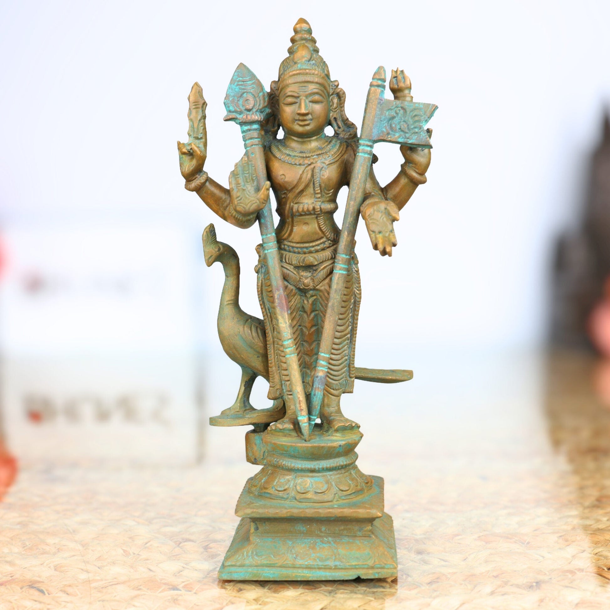 Bronze Handcrafted Murugan Peacock Idol | Panchaloha Murti | Skanda, Subramanya, Shanmukha Sculpture | South Indian Chola Art Statue, Brown, 6.5 Inch, 1 Piece