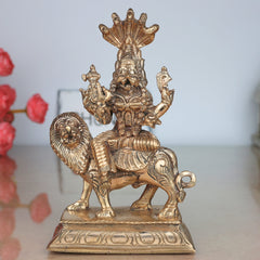 Bronze Pratyangira Devi Idol, Narasimhi Atharvana Bhadrakali Panchaloha Sculpture, Simhamukhi Ugra Kali Handcrafted Chola Art Murti, Gold, 6.5 Inch, 1 Piece