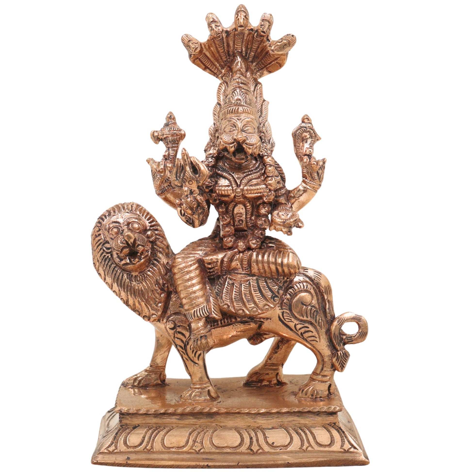 Bronze Pratyangira Devi Idol, Narasimhi Atharvana Bhadrakali Panchaloha Sculpture, Simhamukhi Ugra Kali Handcrafted Chola Art Murti, Gold, 6.5 Inch, 1 Piece