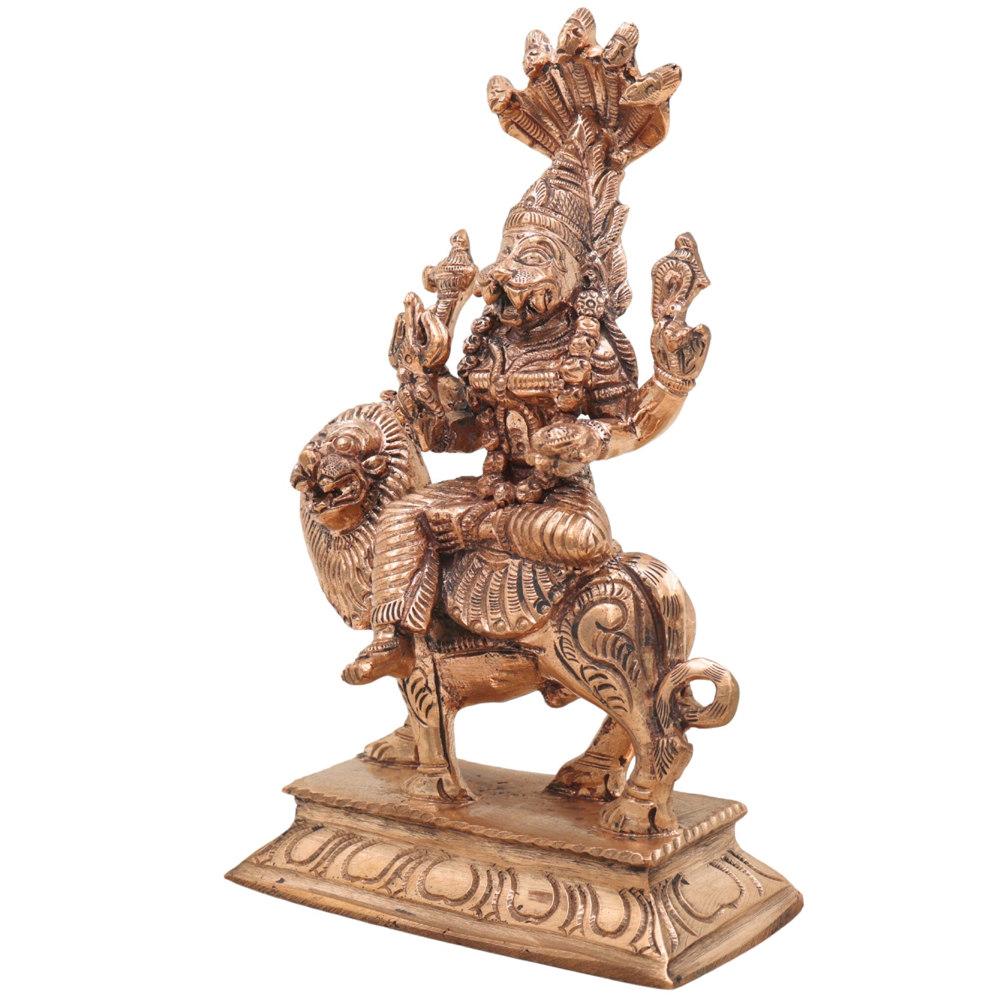 Bronze Pratyangira Devi Idol, Narasimhi Atharvana Bhadrakali Panchaloha Sculpture, Simhamukhi Ugra Kali Handcrafted Chola Art Murti, Gold, 6.5 Inch, 1 Piece