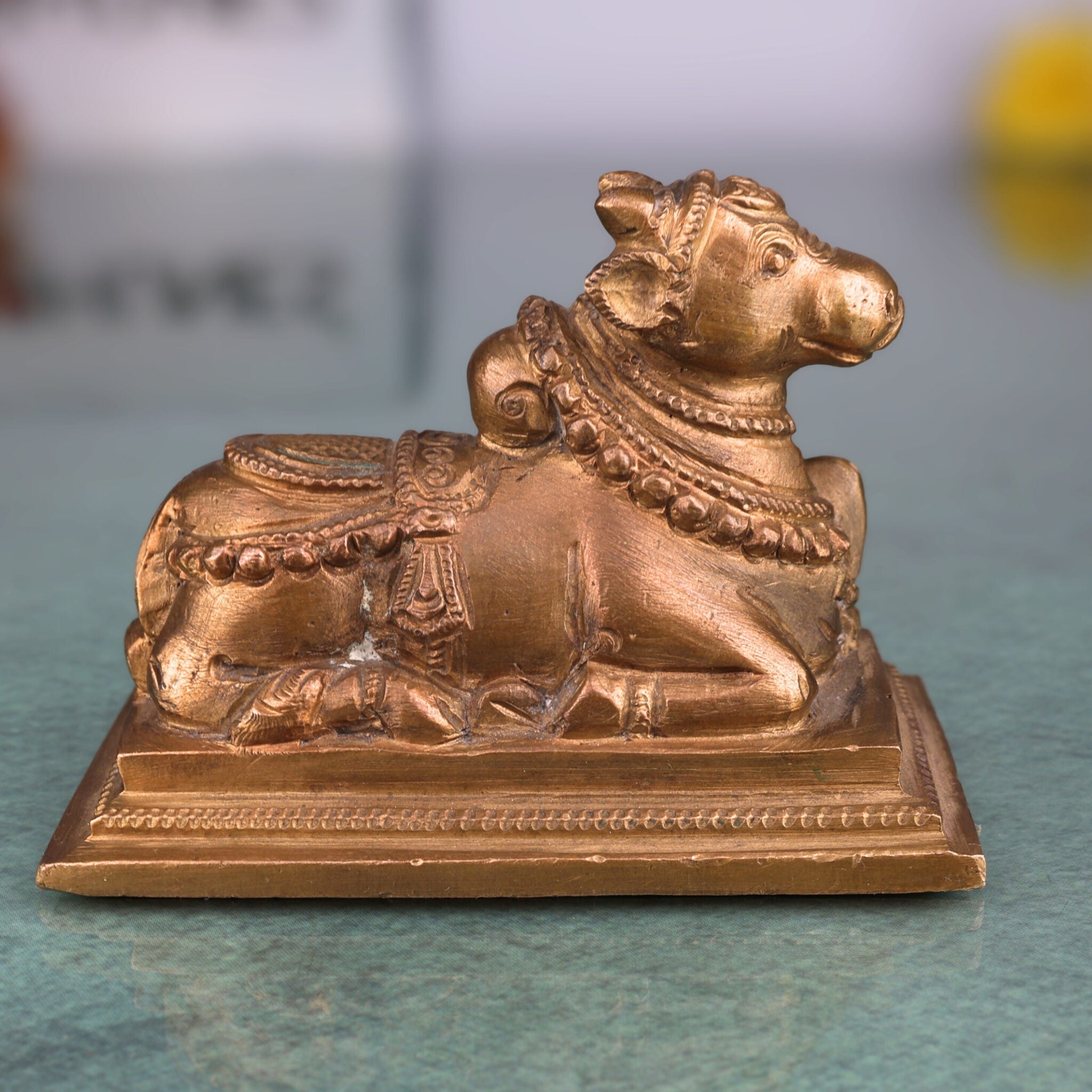 Handcrafted Bronze Nandi Bull Idol, Panchaloha Murti, Lord Shiva Vahana Sculpture, Chola Art, South India Temple Decor, Brown, 3 Inch, 1 Piece