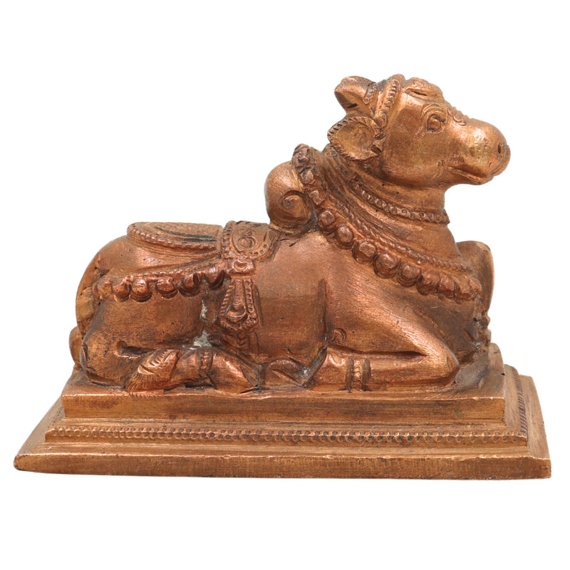 Handcrafted Bronze Nandi Bull Idol, Panchaloha Murti, Lord Shiva Vahana Sculpture, Chola Art, South India Temple Decor, Brown, 3 Inch, 1 Piece