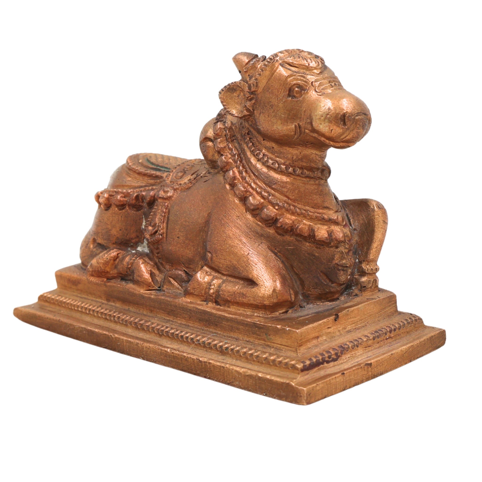 Handcrafted Bronze Nandi Bull Idol, Panchaloha Murti, Lord Shiva Vahana Sculpture, Chola Art, South India Temple Decor, Brown, 3 Inch, 1 Piece