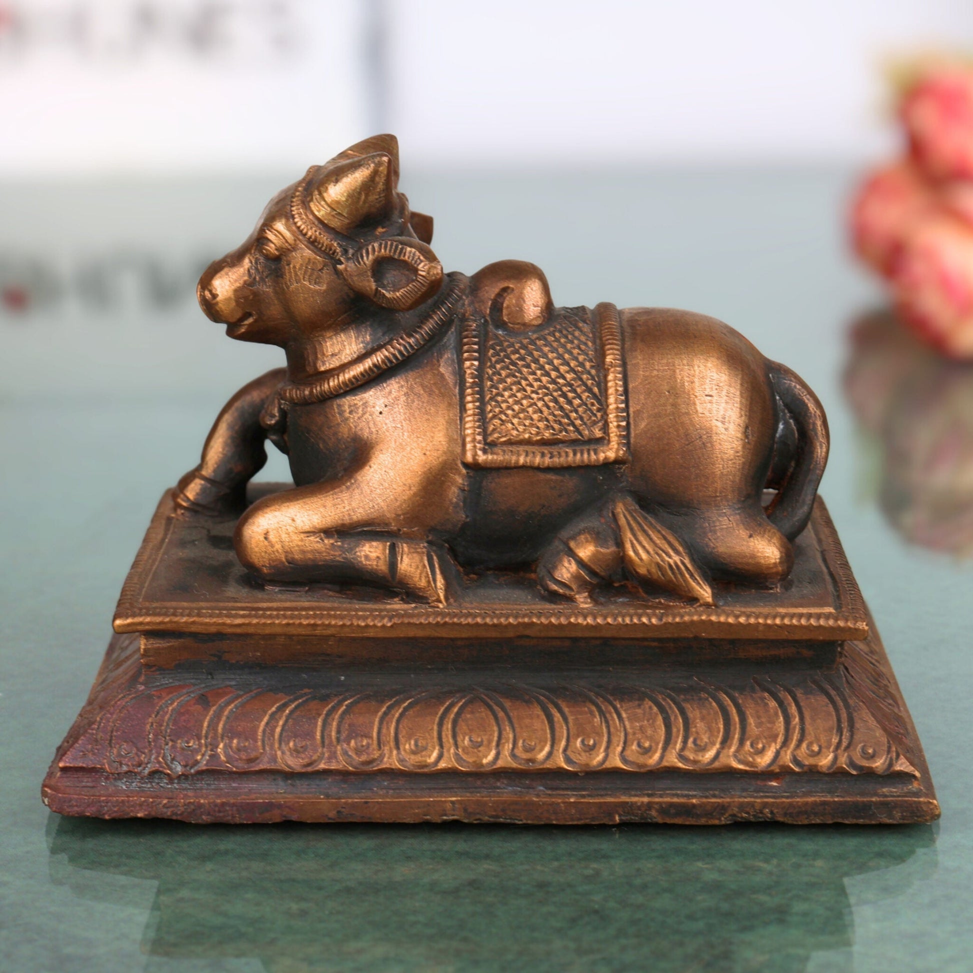Handcrafted Bronze Nandi Idol | Panchaloha, Ashtadhatu, Shiva’s Bull, Nandikeshwara Murti, Chola Art Sculpture for Pooja & Home Decor, Brown, 3 Inch, 1 Piece
