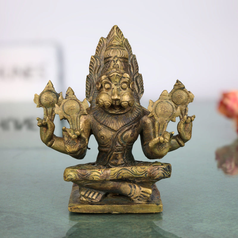 Bronze Yoga Narasimha Idol | Panchaloha Chola Art Murti | Ugra Lakshmi Balaji Narasimha Statue, Brown, 4.5 Inch, 1 Piece