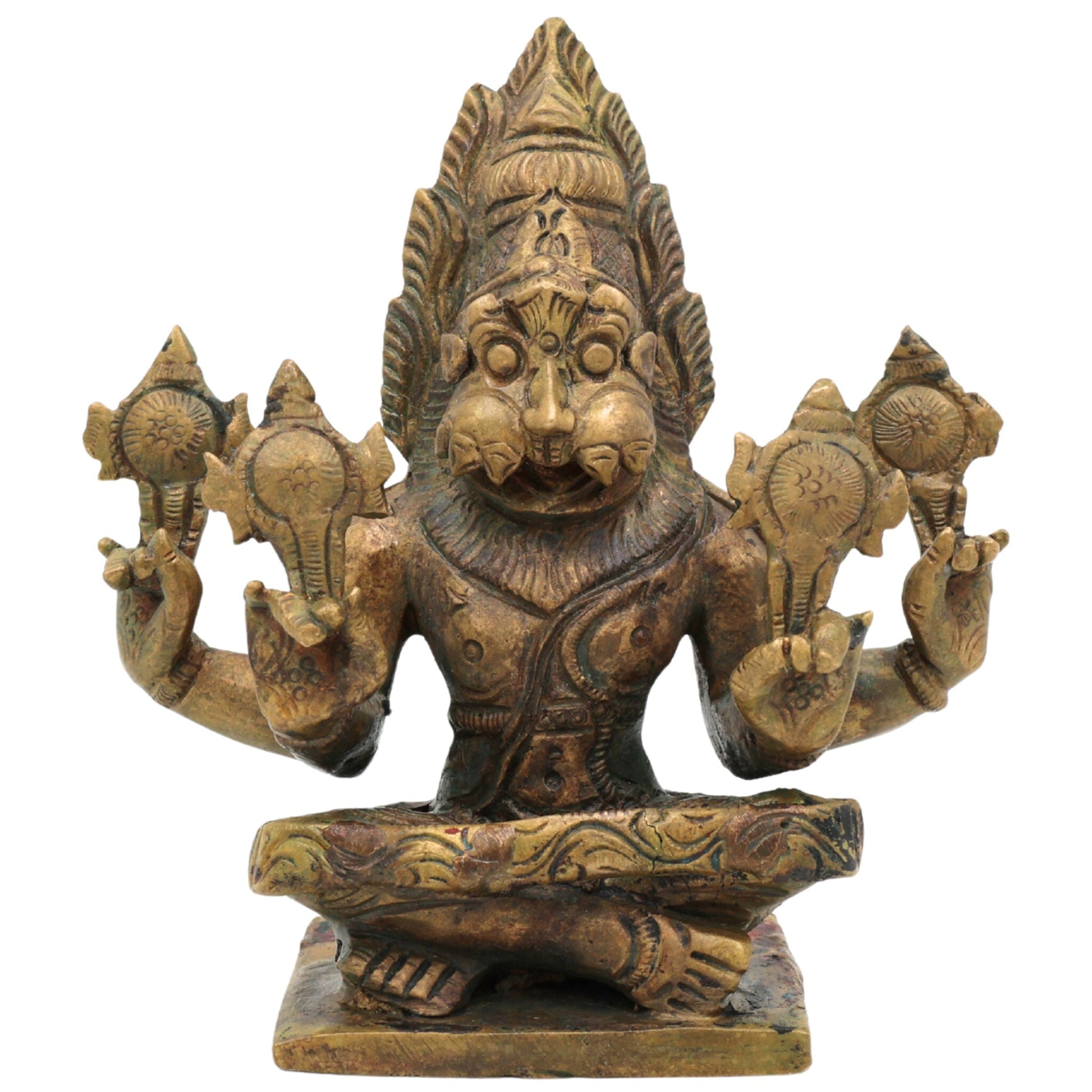 Bronze Yoga Narasimha Idol | Panchaloha Chola Art Murti | Ugra Lakshmi Balaji Narasimha Statue, Brown, 4.5 Inch, 1 Piece