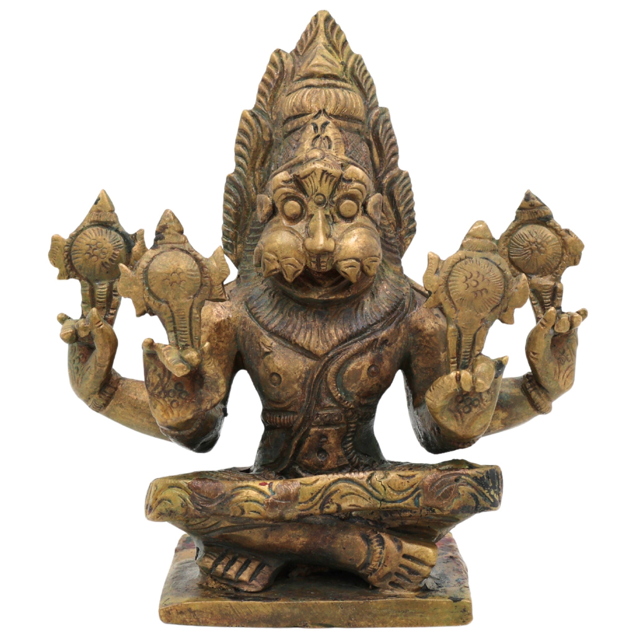 Bronze Yoga Narasimha Idol | Panchaloha Chola Art Murti | Ugra Lakshmi Balaji Narasimha Statue, Brown, 4.5 Inch, 1 Piece