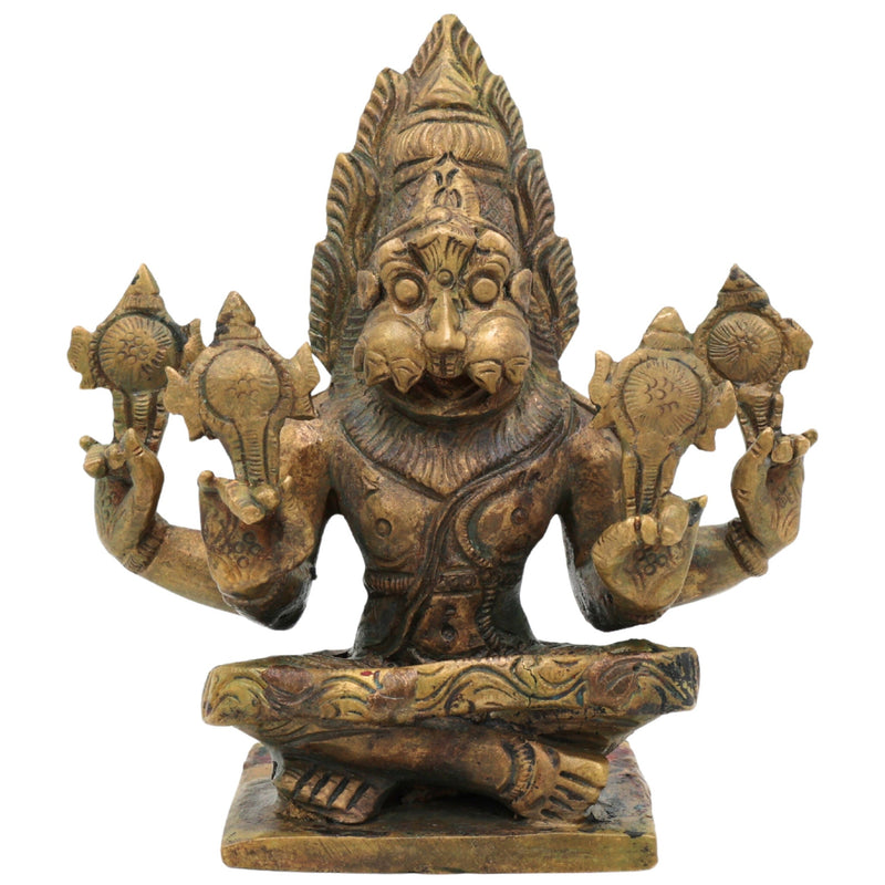 Bronze Yoga Narasimha Idol | Panchaloha Chola Art Murti | Ugra Lakshmi Balaji Narasimha Statue, Brown, 4.5 Inch, 1 Piece
