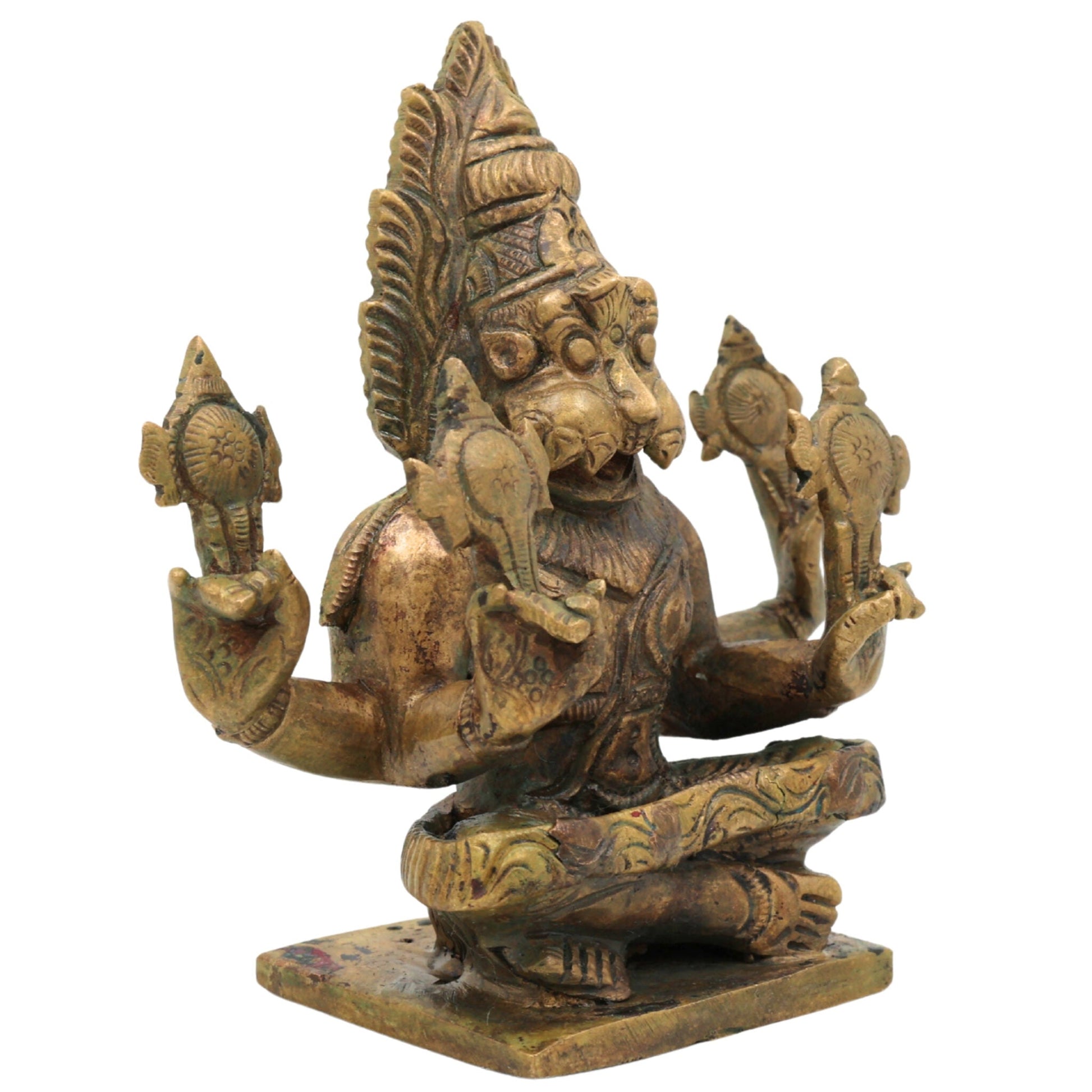 Bronze Yoga Narasimha Idol | Panchaloha Chola Art Murti | Ugra Lakshmi Balaji Narasimha Statue, Brown, 4.5 Inch, 1 Piece