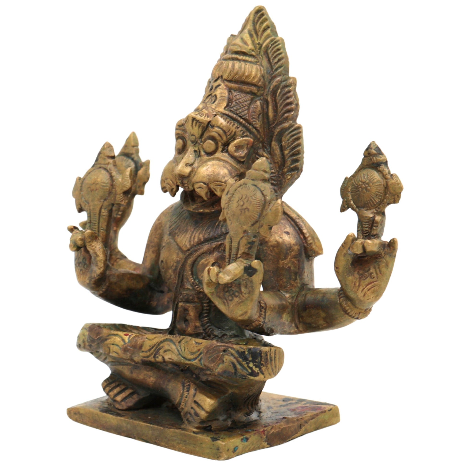 Bronze Yoga Narasimha Idol | Panchaloha Chola Art Murti | Ugra Lakshmi Balaji Narasimha Statue, Brown, 4.5 Inch, 1 Piece