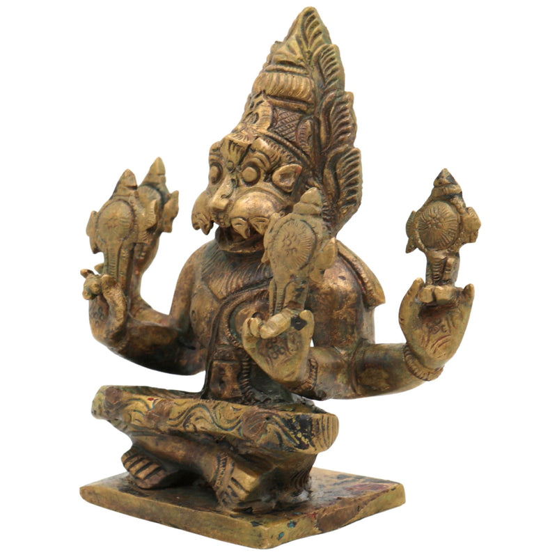 Bronze Yoga Narasimha Idol | Panchaloha Chola Art Murti | Ugra Lakshmi Balaji Narasimha Statue, Brown, 4.5 Inch, 1 Piece