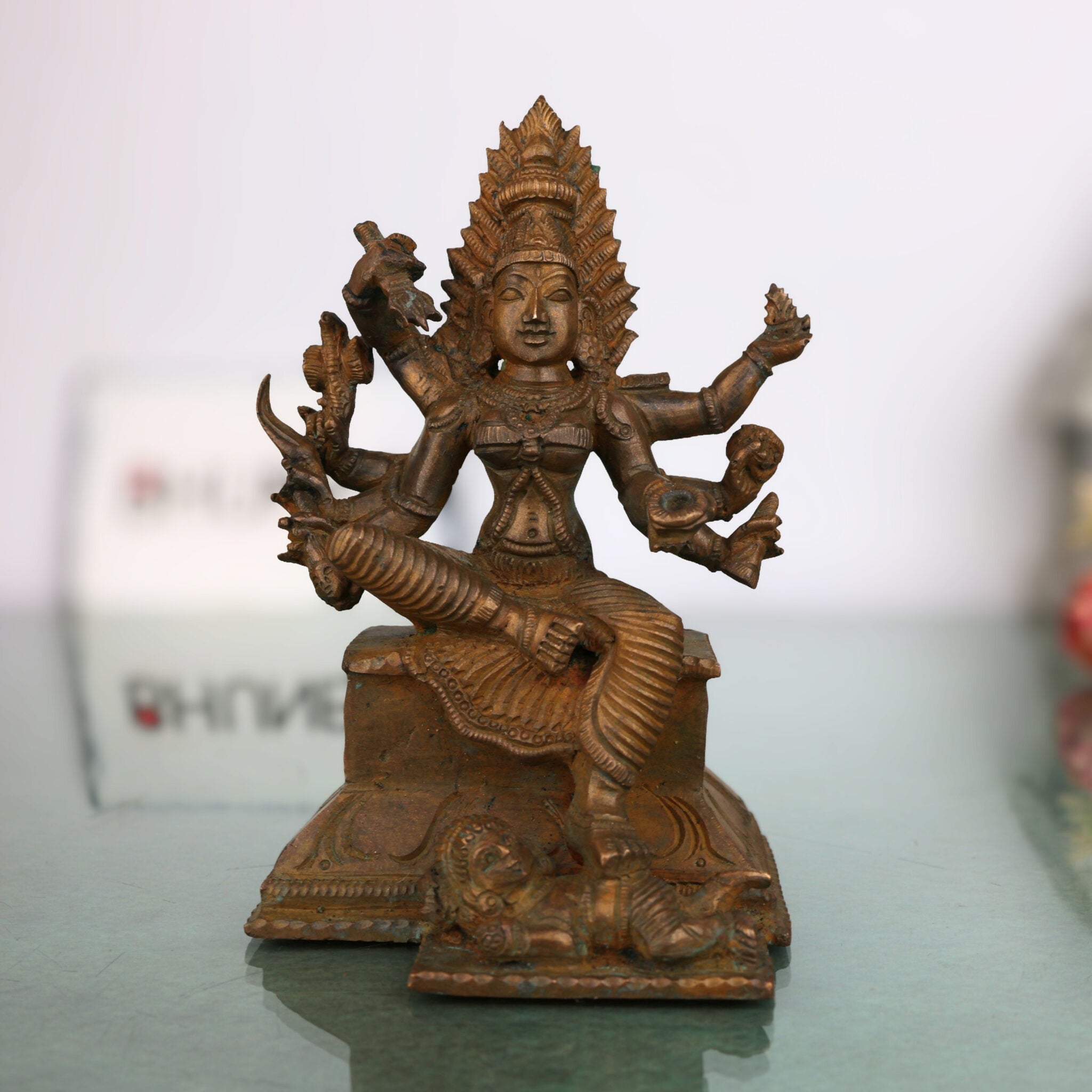 Handcrafted Bronze Chamundeshwari Idol | Panchaloha Durga Murti | Mahishasuramardini, Chamundi Mata, South Indian Temple Goddess Statue, Brown, 5.5 Inch, 1 Piece