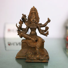 Handcrafted Bronze Chamundeshwari Idol | Panchaloha Durga Murti | Mahishasuramardini, Chamundi Mata, South Indian Temple Goddess Statue, Brown, 5.5 Inch, 1 Piece