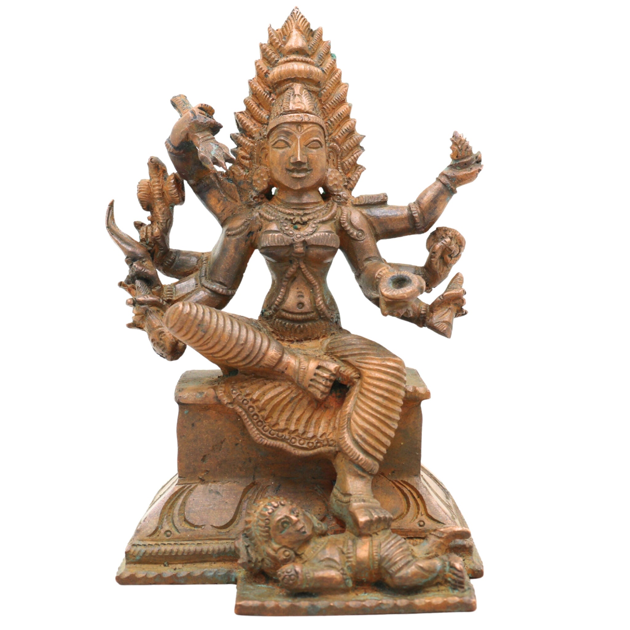 Handcrafted Bronze Chamundeshwari Idol | Panchaloha Durga Murti | Mahishasuramardini, Chamundi Mata, South Indian Temple Goddess Statue, Brown, 5.5 Inch, 1 Piece