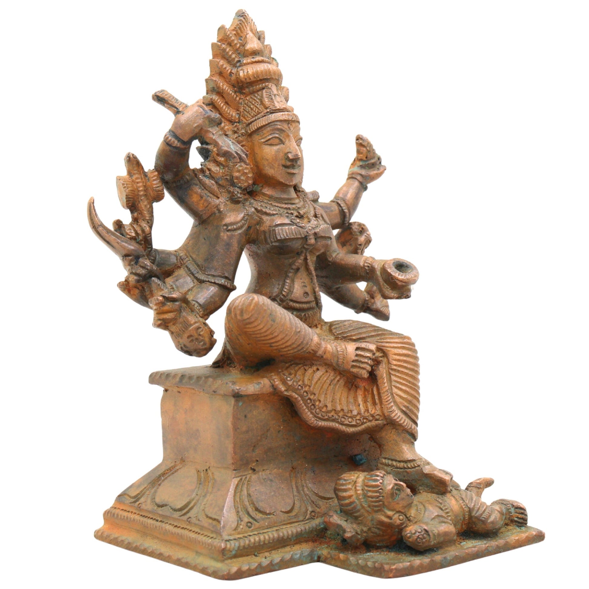 Handcrafted Bronze Chamundeshwari Idol | Panchaloha Durga Murti | Mahishasuramardini, Chamundi Mata, South Indian Temple Goddess Statue, Brown, 5.5 Inch, 1 Piece