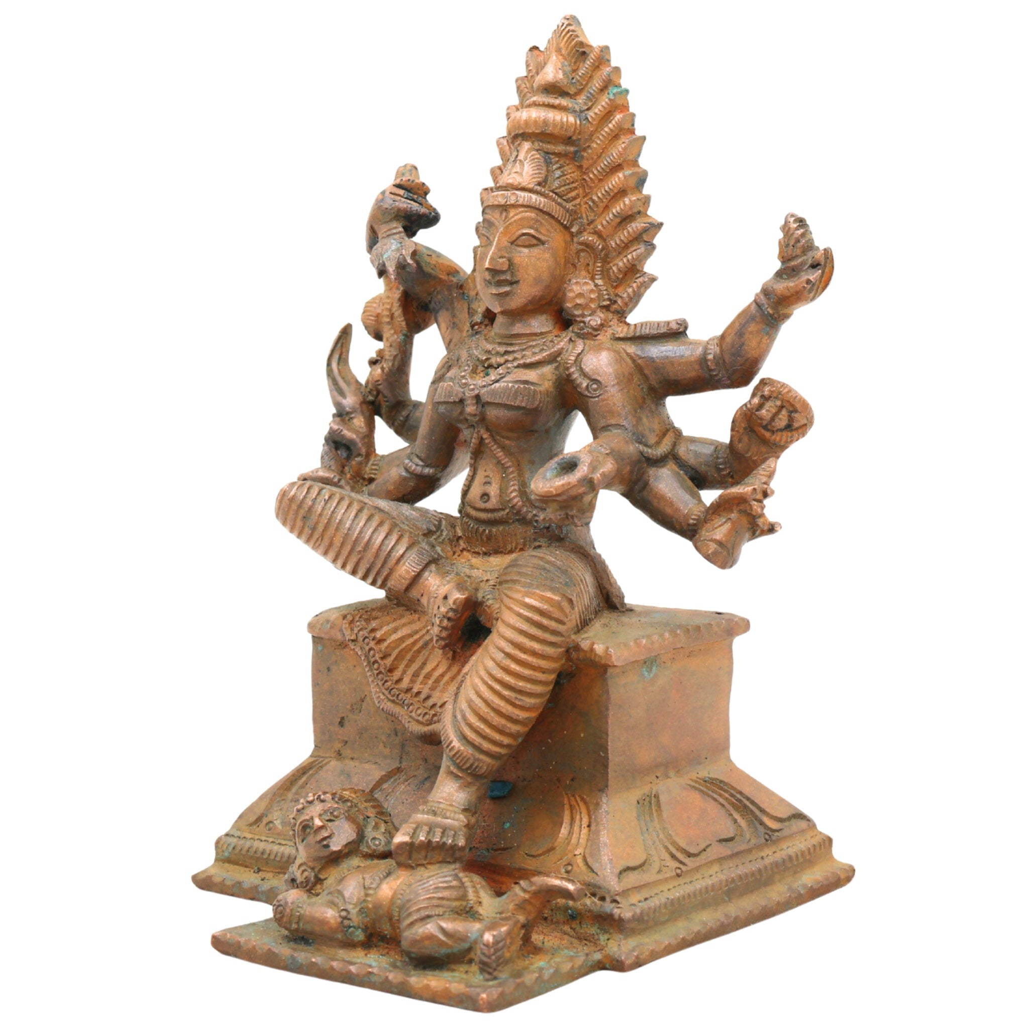 Handcrafted Bronze Chamundeshwari Idol | Panchaloha Durga Murti | Mahishasuramardini, Chamundi Mata, South Indian Temple Goddess Statue, Brown, 5.5 Inch, 1 Piece
