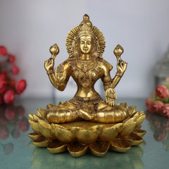 Brass Lakshmi on Lotus Idol, Shri Maha Lakshmi Maa Murti, Padma Lakshmi Statue, Mahalakshmi Figurine for Puja, Home Decor & Gifts, Gold, 10 Inch, 1 Piece