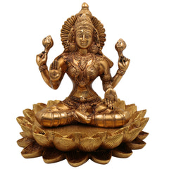 Brass Lakshmi on Lotus Idol, Shri Maha Lakshmi Maa Murti, Padma Lakshmi Statue, Mahalakshmi Figurine for Puja, Home Decor & Gifts, Gold, 10 Inch, 1 Piece