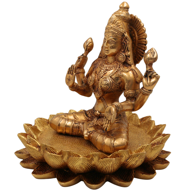 Brass Lakshmi on Lotus Idol, Shri Maha Lakshmi Maa Murti, Padma Lakshmi Statue, Mahalakshmi Figurine for Puja, Home Decor & Gifts, Gold, 10 Inch, 1 Piece