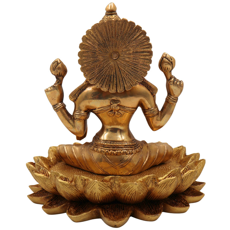 Brass Lakshmi on Lotus Idol, Shri Maha Lakshmi Maa Murti, Padma Lakshmi Statue, Mahalakshmi Figurine for Puja, Home Decor & Gifts, Gold, 10 Inch, 1 Piece