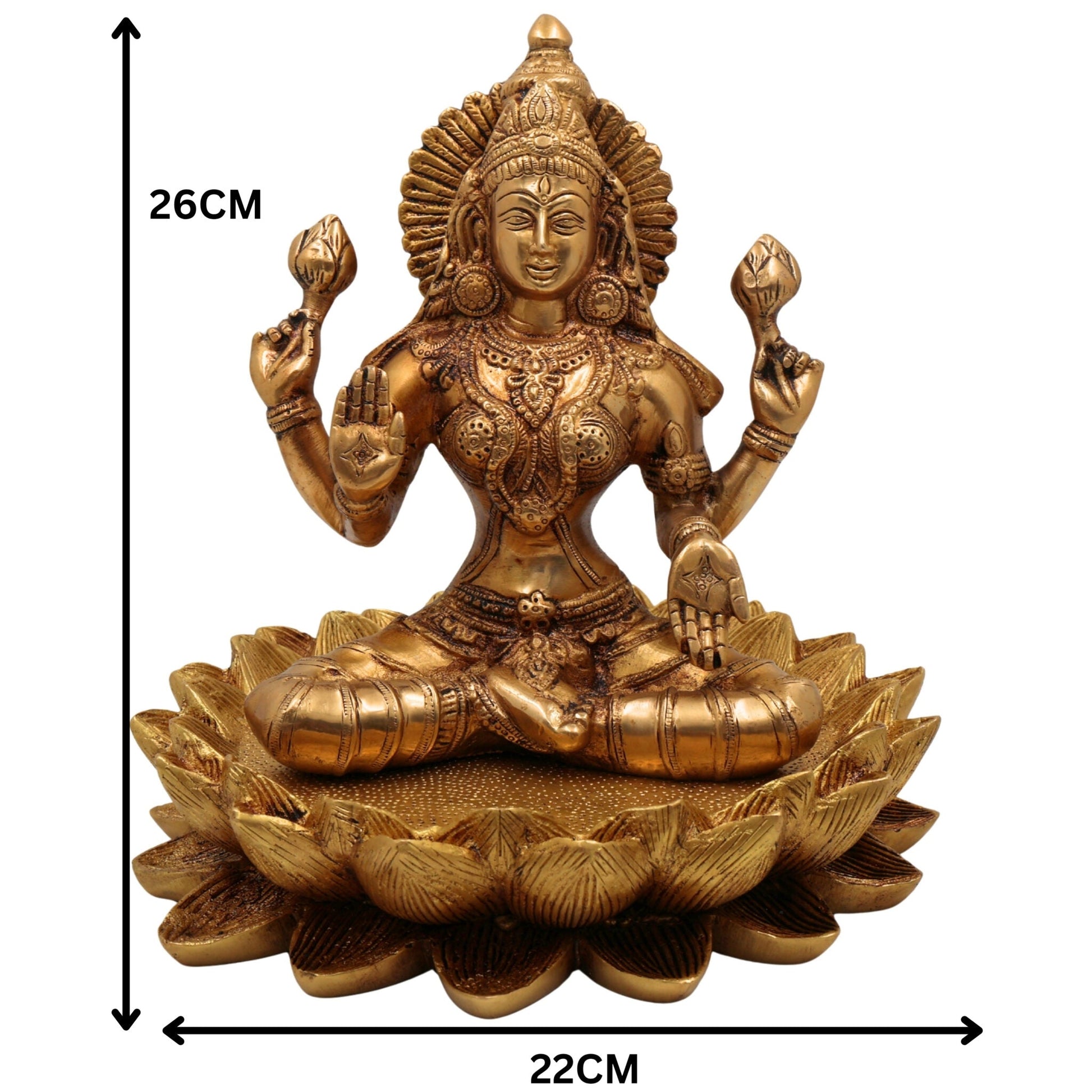 Brass Lakshmi on Lotus Idol, Shri Maha Lakshmi Maa Murti, Padma Lakshmi Statue, Mahalakshmi Figurine for Puja, Home Decor & Gifts, Gold, 10 Inch, 1 Piece