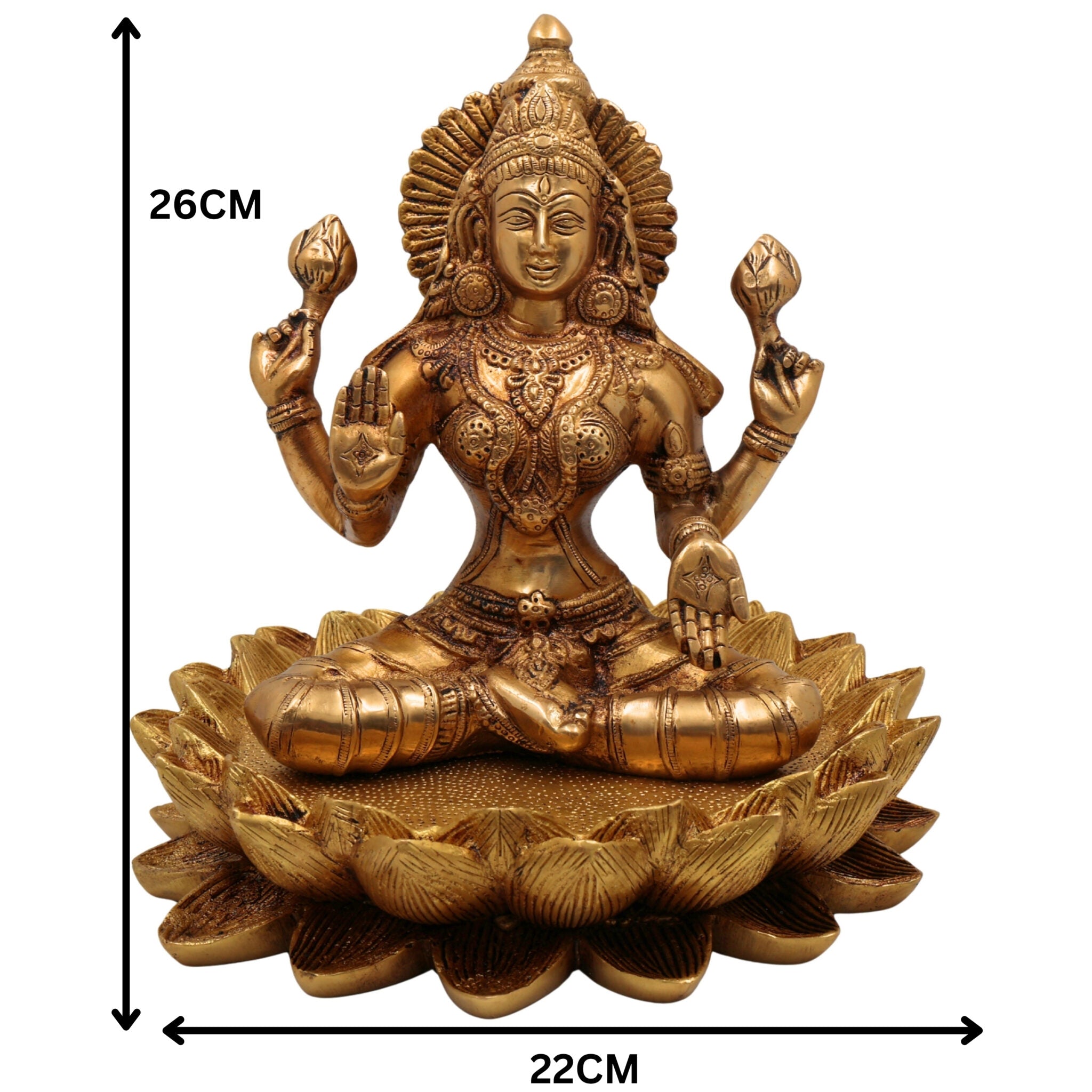Brass Lakshmi on Lotus Idol, Shri Maha Lakshmi Maa Murti, Padma Lakshmi Statue, Mahalakshmi Figurine for Puja, Home Decor & Gifts, Gold, 10 Inch, 1 Piece