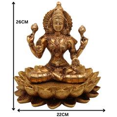 Brass Lakshmi on Lotus Idol, Shri Maha Lakshmi Maa Murti, Padma Lakshmi Statue, Mahalakshmi Figurine for Puja, Home Decor & Gifts, Gold, 10 Inch, 1 Piece