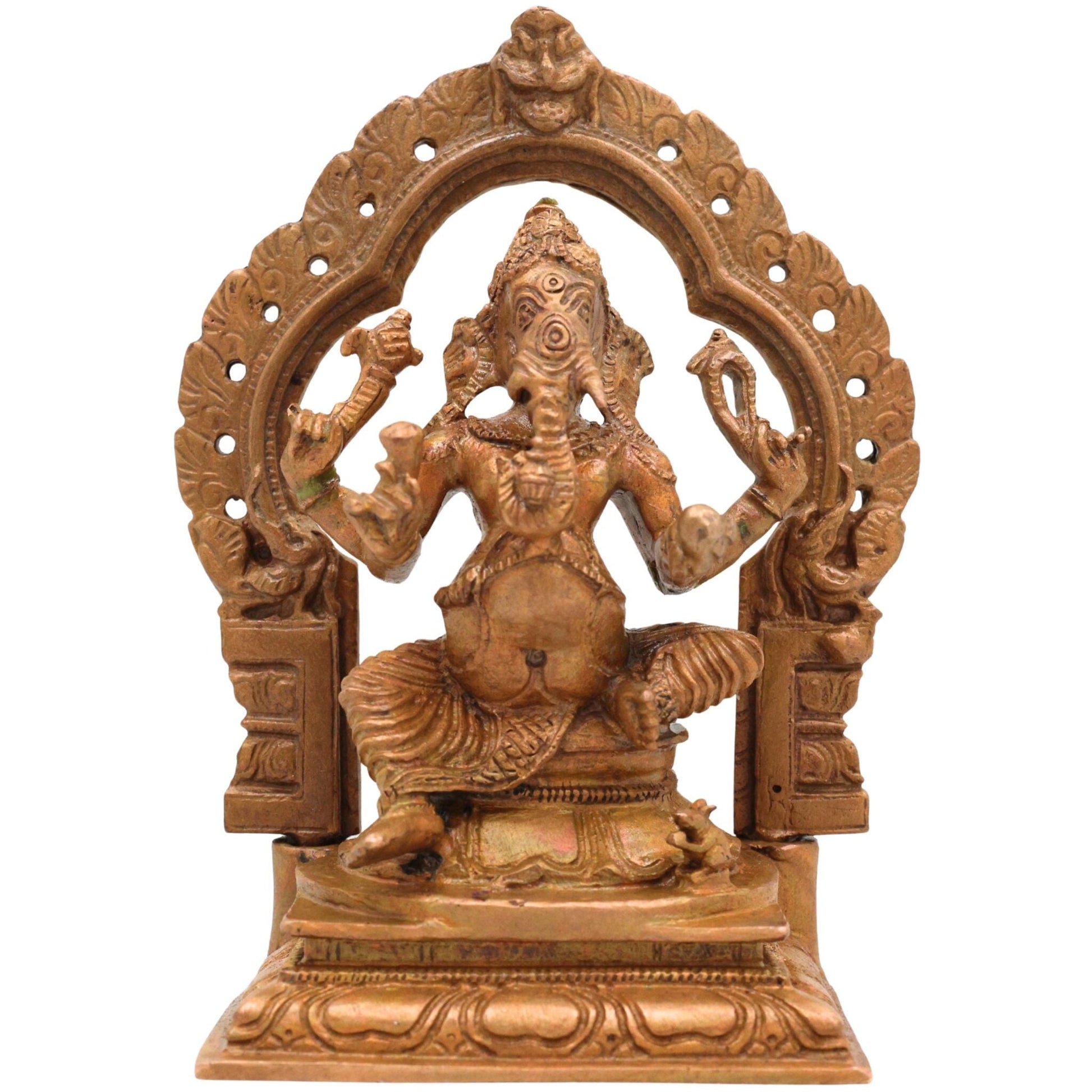 Bronze Ganesha with Prabhavali Idol, Handcrafted Vinayaka, Ekadanta Murti for Pooja, Home Decor & Spiritual Gifts, Brown, 5 Inch, 1 Piece