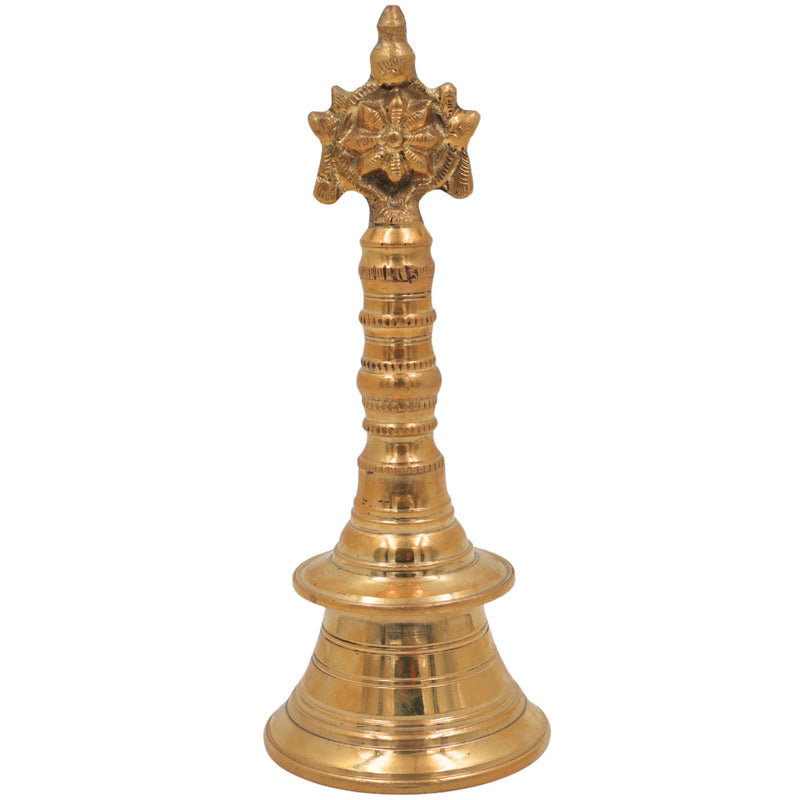 Brass Hand Bell Ghanti With Shankha And Chakra for Pooja, Aarti, Meditation & Temple Rituals, Decorative Peetal/Pittal Puja Bell, Gold, 8 Inch, 1 Piece