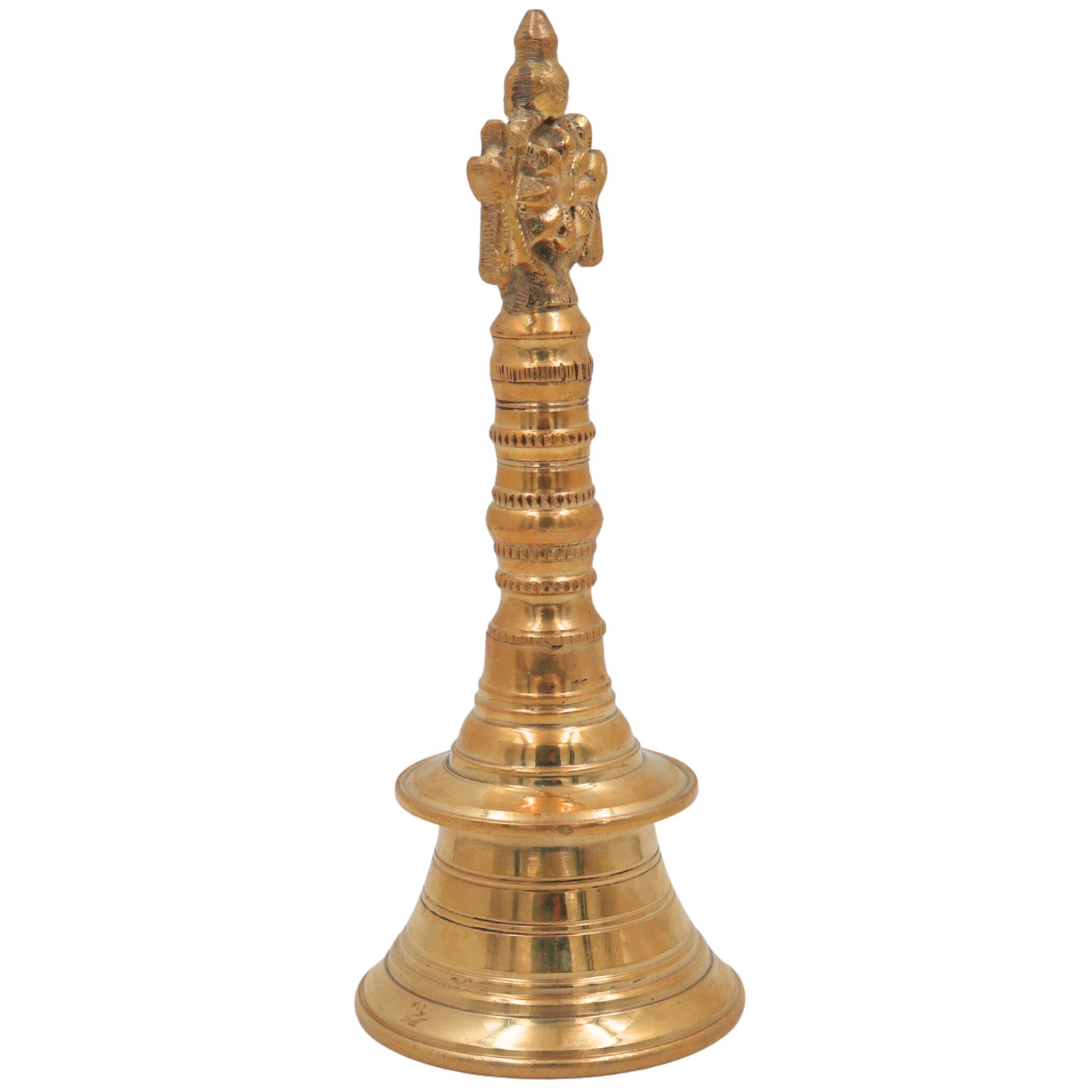 Brass Hand Bell Ghanti With Shankha And Chakra for Pooja, Aarti, Meditation & Temple Rituals, Decorative Peetal/Pittal Puja Bell, Gold, 8 Inch, 1 Piece