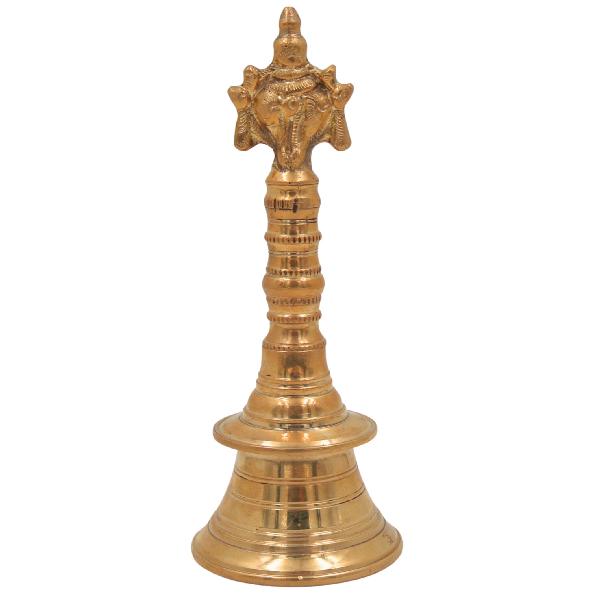 Brass Hand Bell Ghanti With Shankha And Chakra for Pooja, Aarti, Meditation & Temple Rituals, Decorative Peetal/Pittal Puja Bell, Gold, 8 Inch, 1 Piece