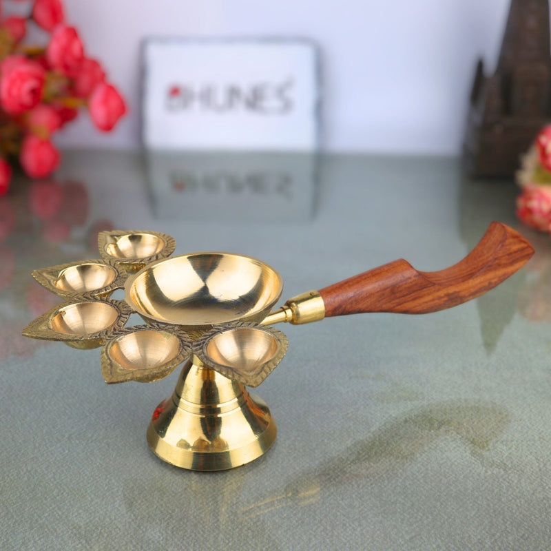 Brass Pancha Arthi Diya, Panch Aarti Lamp, Pancha Deeparadhana Oil Lamp, Pooja Deepak for Home Temple & Festival Decor, Gold, 3 Inch, 1 Piece