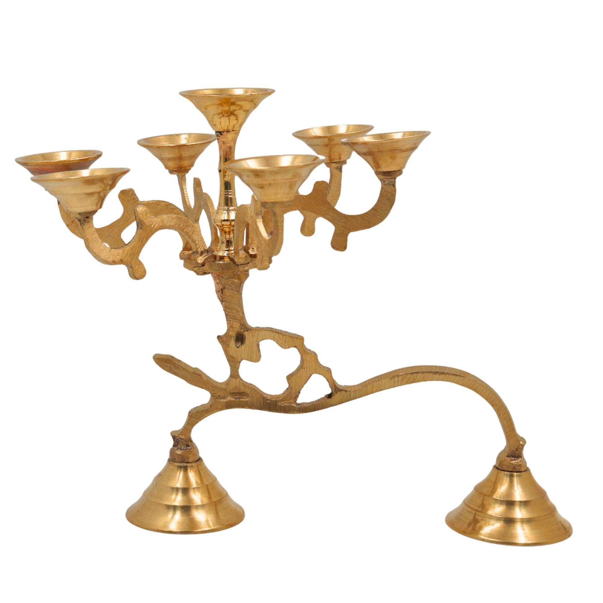 Brass Aarti Diya Set, Handcrafted Peetal Puja Arthi with 7 Oil Lamps, Traditional Deepak for Temple, Home, Diwali & Hindu Pooja, Gold, 7 Inch, 1 Piece