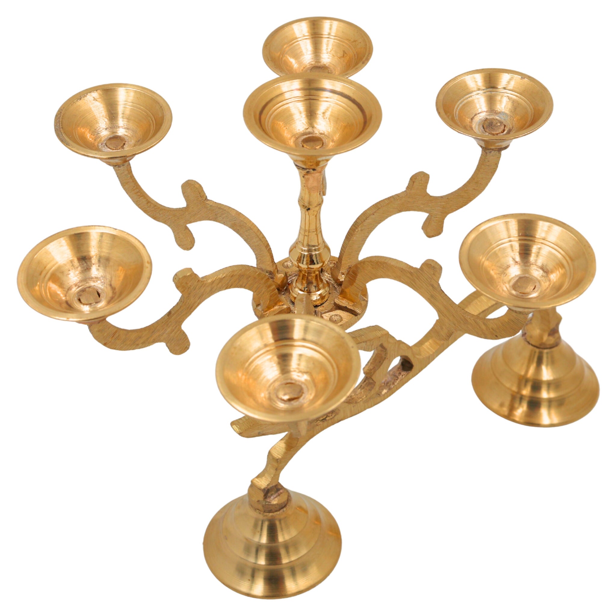 Brass Aarti Diya Set, Handcrafted Peetal Puja Arthi with 7 Oil Lamps, Traditional Deepak for Temple, Home, Diwali & Hindu Pooja, Gold, 7 Inch, 1 Piece