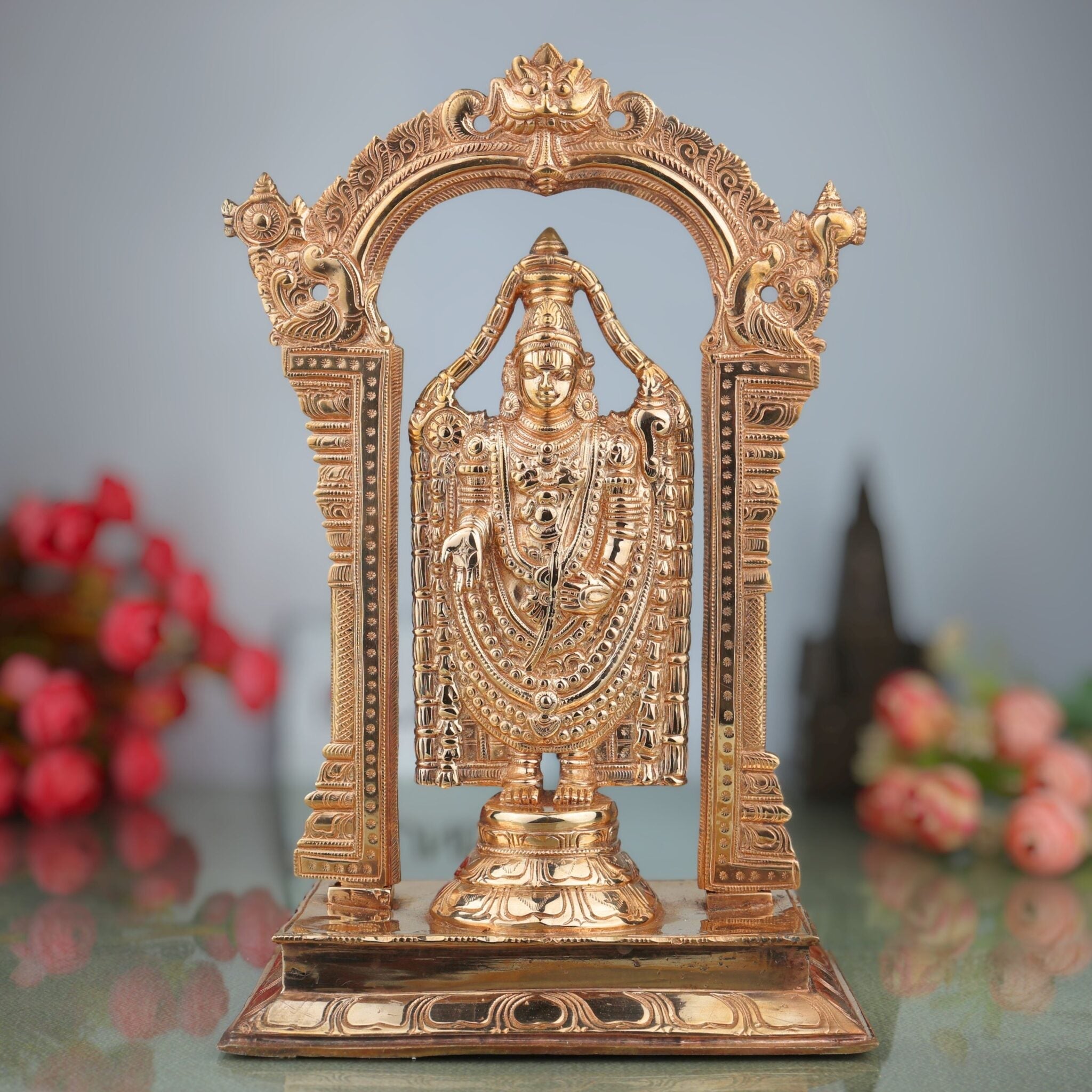 Bronze Tirupati Balaji Idol, Lord Venkateswara Murti, Srinivasa Statue, Govinda Sculpture, Panchaloha Venkateshwara Figurine, Handcrafted, Gold, 12 Inch, 1 Piece