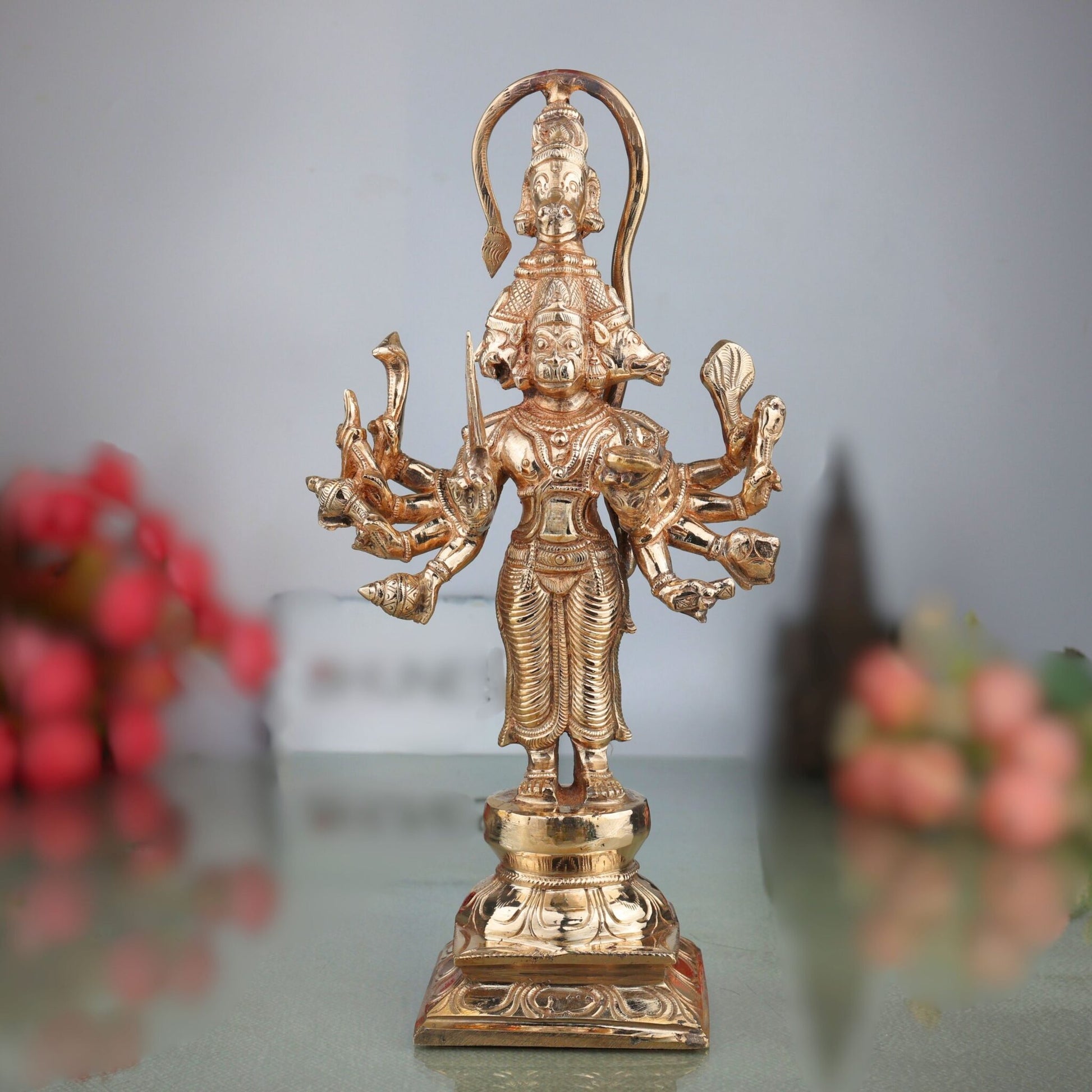 Bronze Panchamukhi Hanuman Idol | Five Faced Anjaneya Bajrangbali Murti | Panchmukhi Veer Maruti Sculpture for Home Temple Pooja Decor, Gold, 11 Inch, 1 Piece