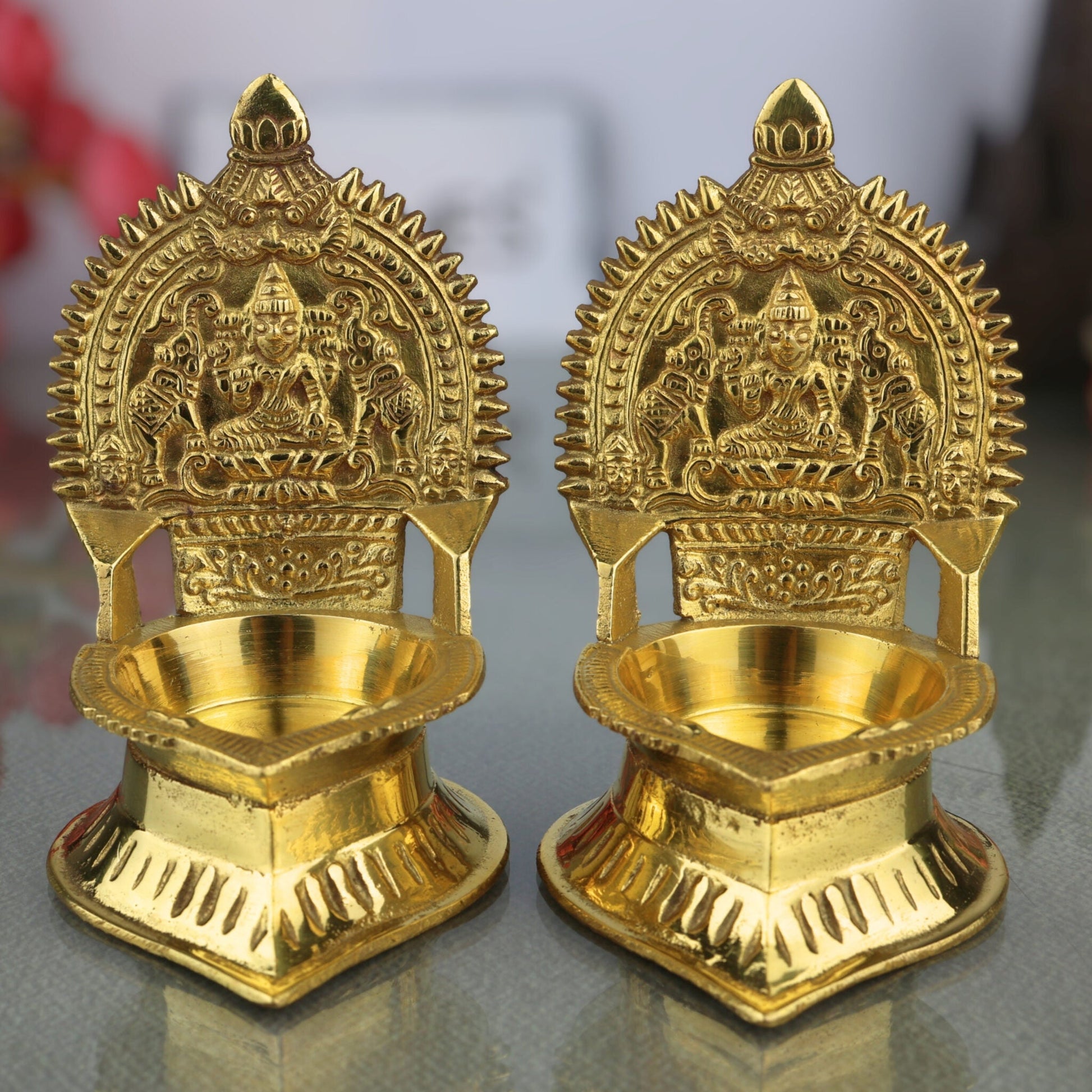 Brass Kamakshi Vilakku | Kamatchi Deepam | Kamakshi Amman Diya | Kuthu Vilakku Pital Lamp for Pooja, Temple & Home Décor, Gold, 4.5 Inch, 2 Piece