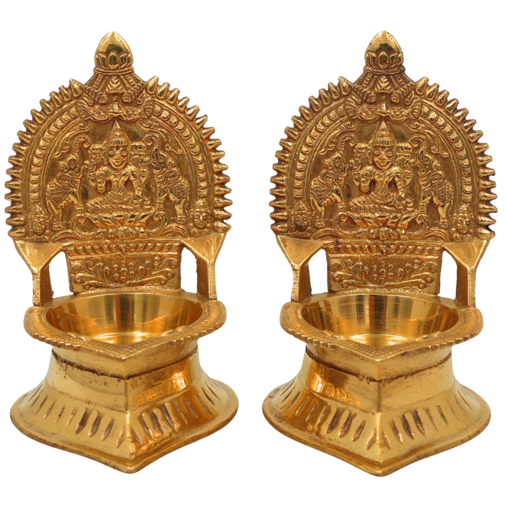 Brass Kamakshi Vilakku | Kamatchi Deepam | Kamakshi Amman Diya | Kuthu Vilakku Pital Lamp for Pooja, Temple & Home Décor, Gold, 4.5 Inch, 2 Piece