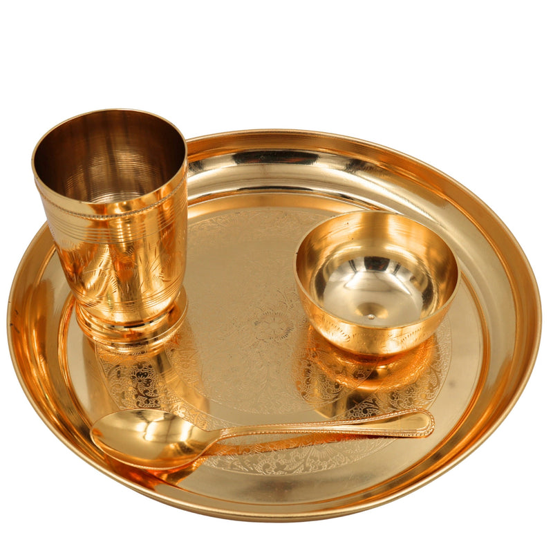 Brass Dinner Set | Peetal Thali Bhojan Set | Traditional Pital Pittal Hittale Vellipittalam Thali Plate Dinnerware for Dining & Gifting, Gold, 4 Inch, 1 Piece