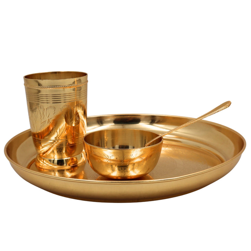 Brass Dinner Set | Peetal Thali Bhojan Set | Traditional Pital Pittal Hittale Vellipittalam Thali Plate Dinnerware for Dining & Gifting, Gold, 4 Inch, 1 Piece