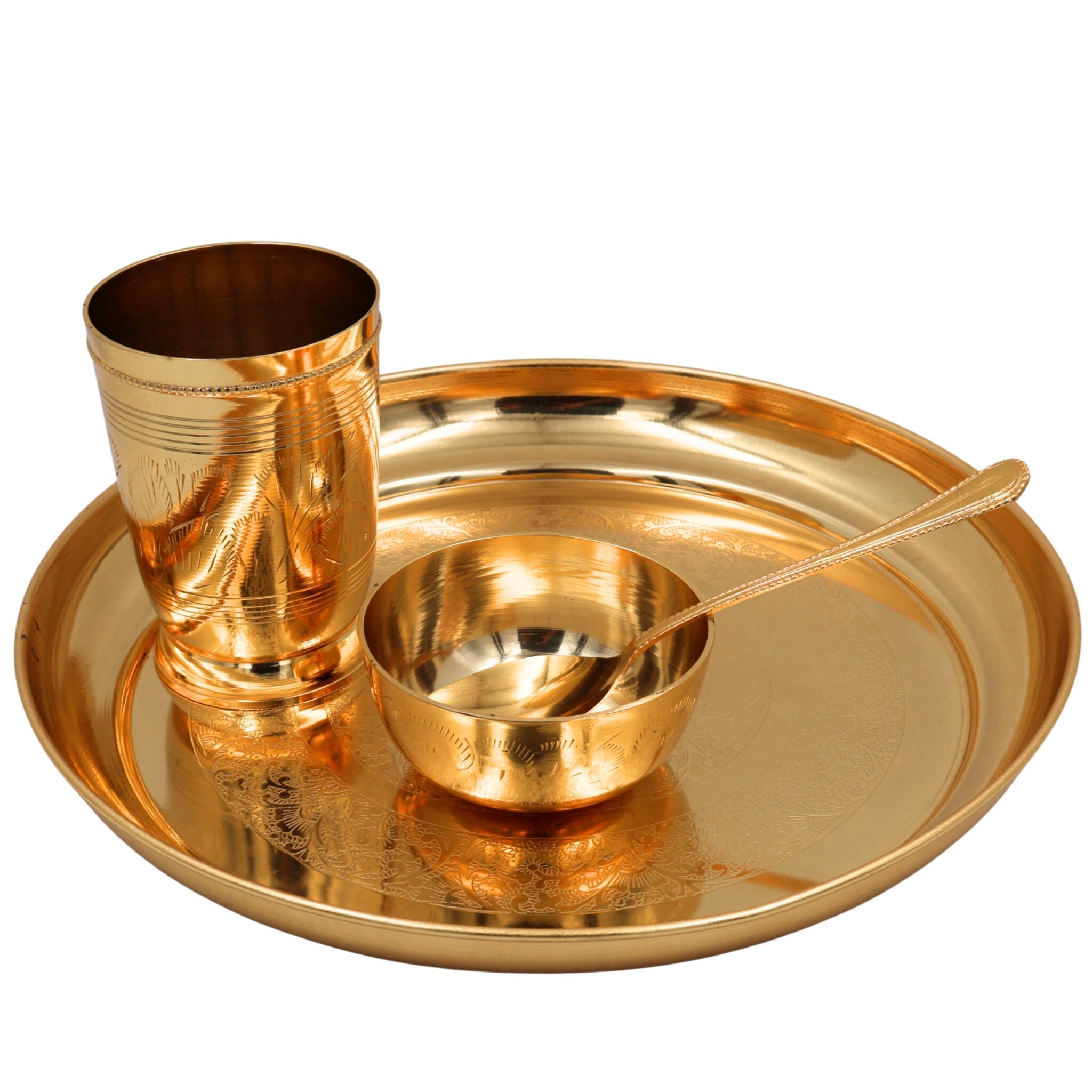 Brass Dinner Set | Peetal Thali Bhojan Set | Traditional Pital Pittal Hittale Vellipittalam Thali Plate Dinnerware for Dining & Gifting, Gold, 4 Inch, 1 Piece