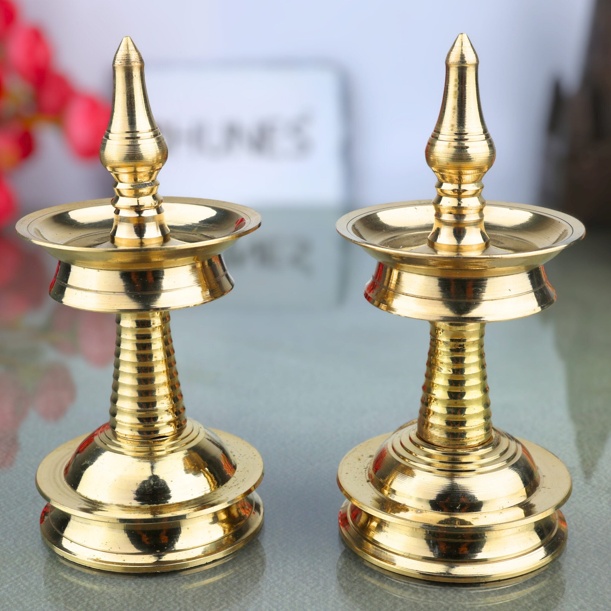 Brass Kerala Nilavilakku Lamp Set of 2 | Traditional Pooja Oil Vilakku, Temple Diya, Decorative Pittal Peetal Lamp for Home & Festive Decor, Gold, 2.5 Inch, 2 Piece