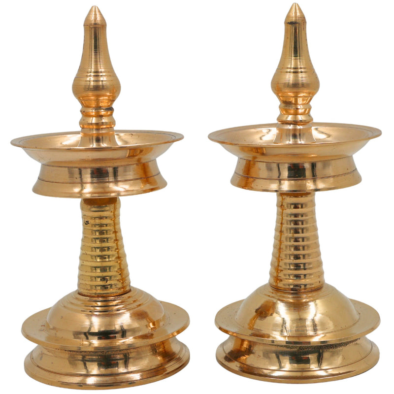 Brass Kerala Nilavilakku Lamp Set of 2 | Traditional Pooja Oil Vilakku, Temple Diya, Decorative Pittal Peetal Lamp for Home & Festive Decor, Gold, 2.5 Inch, 2 Piece
