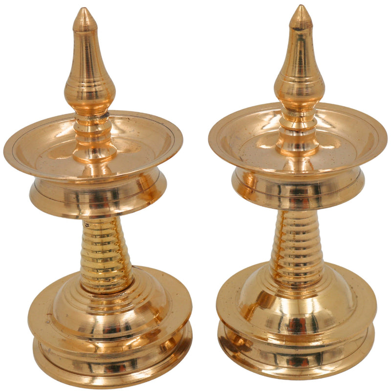 Brass Kerala Nilavilakku Lamp Set of 2 | Traditional Pooja Oil Vilakku, Temple Diya, Decorative Pittal Peetal Lamp for Home & Festive Decor, Gold, 2.5 Inch, 2 Piece