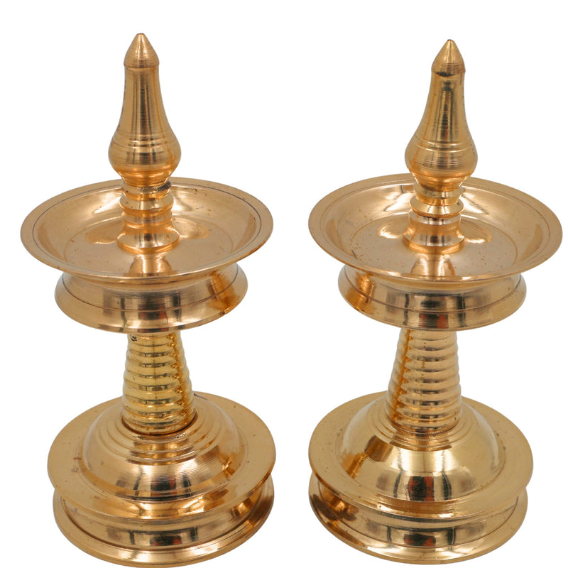 Brass Kerala Nilavilakku Lamp Set of 2 | Traditional Pooja Oil Vilakku, Temple Diya, Decorative Pittal Peetal Lamp for Home & Festive Decor, Gold, 2.5 Inch, 2 Piece