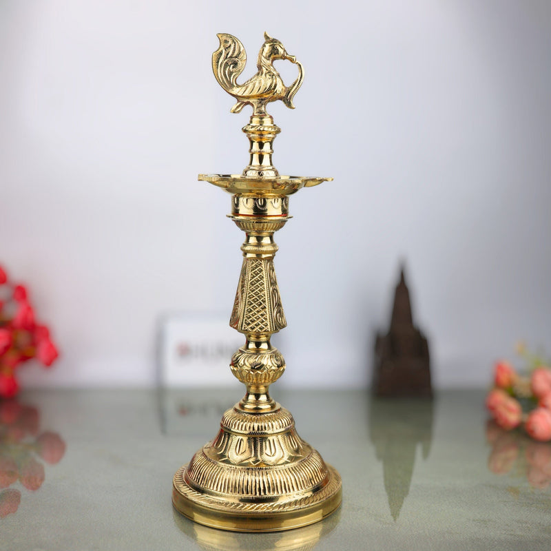 Handcrafted Brass Table Lamp, Peetal Pital Pittal Ashtadhatu Deepam, Velli Tambra Pooja Diya for Temple, Home Decor & Gifting, Gold, 16.5 Inch, 1 Piece