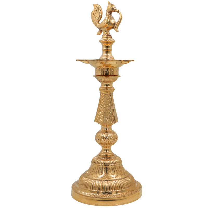 Handcrafted Brass Table Lamp, Peetal Pital Pittal Ashtadhatu Deepam, Velli Tambra Pooja Diya for Temple, Home Decor & Gifting, Gold, 16.5 Inch, 1 Piece