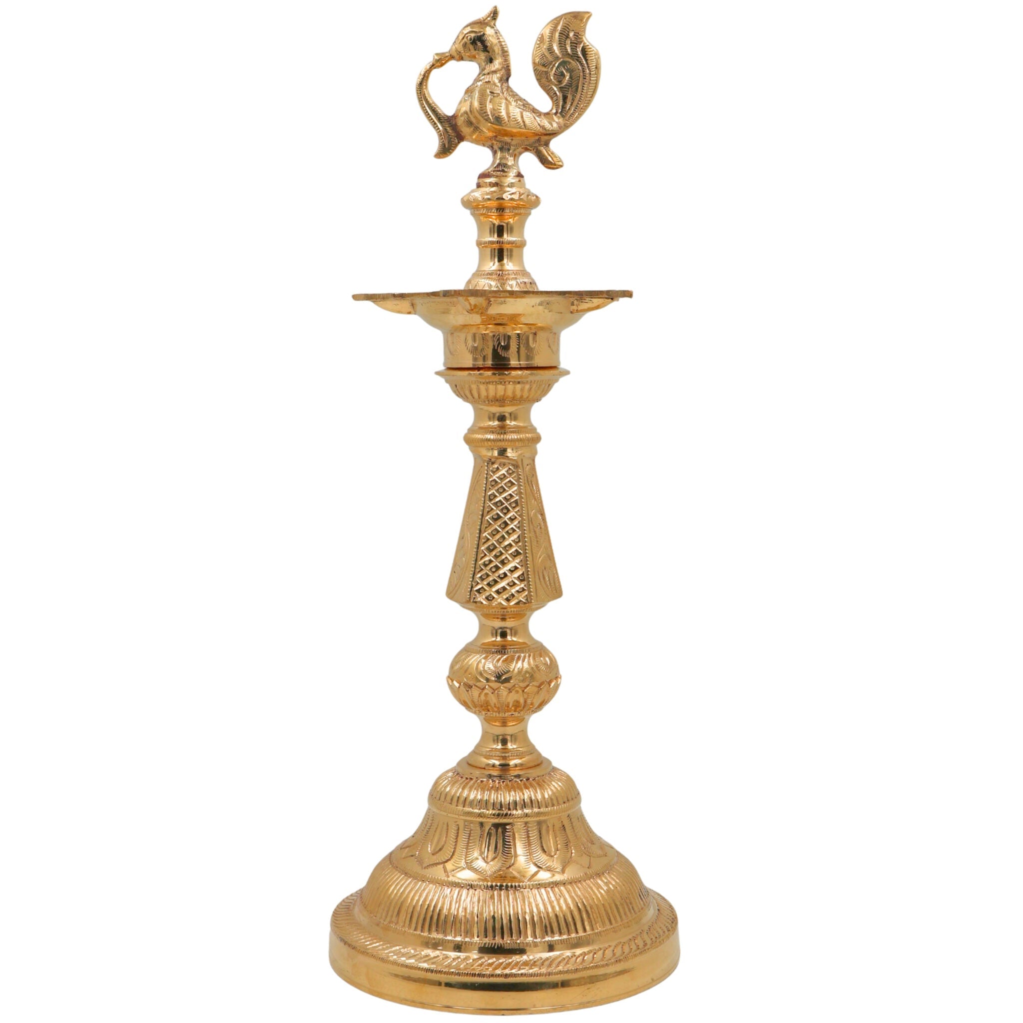 Handcrafted Brass Table Lamp, Peetal Pital Pittal Ashtadhatu Deepam, Velli Tambra Pooja Diya for Temple, Home Decor & Gifting, Gold, 16.5 Inch, 1 Piece