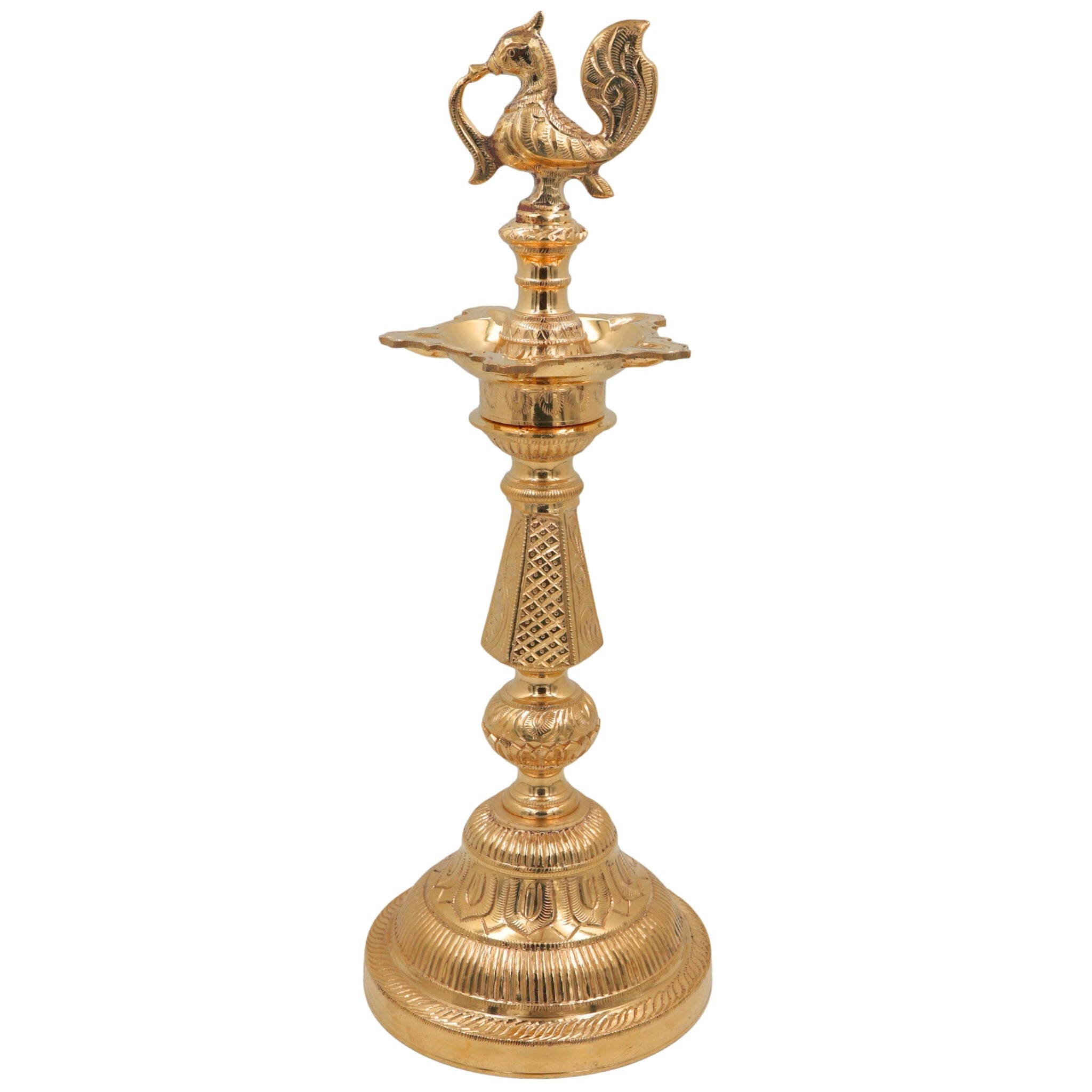 Handcrafted Brass Table Lamp, Peetal Pital Pittal Ashtadhatu Deepam, Velli Tambra Pooja Diya for Temple, Home Decor & Gifting, Gold, 16.5 Inch, 1 Piece