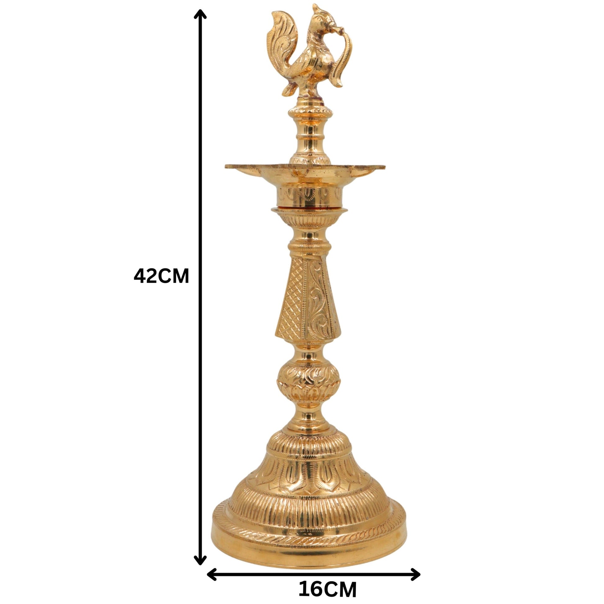 Handcrafted Brass Table Lamp, Peetal Pital Pittal Ashtadhatu Deepam, Velli Tambra Pooja Diya for Temple, Home Decor & Gifting, Gold, 16.5 Inch, 1 Piece